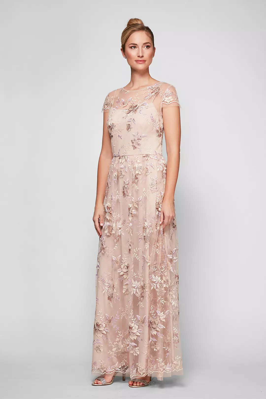 Embroidered Mesh Soft Sheath Gown with Cap Sleeves Image