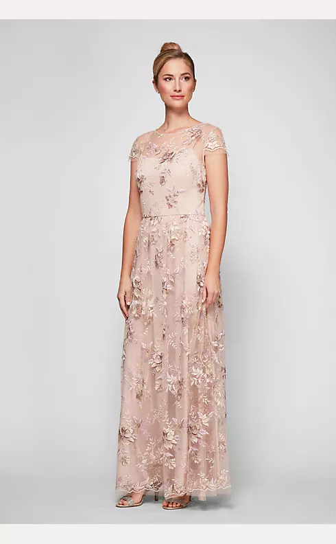 Embroidered Mesh Soft Sheath Gown with Cap Sleeves Image 1