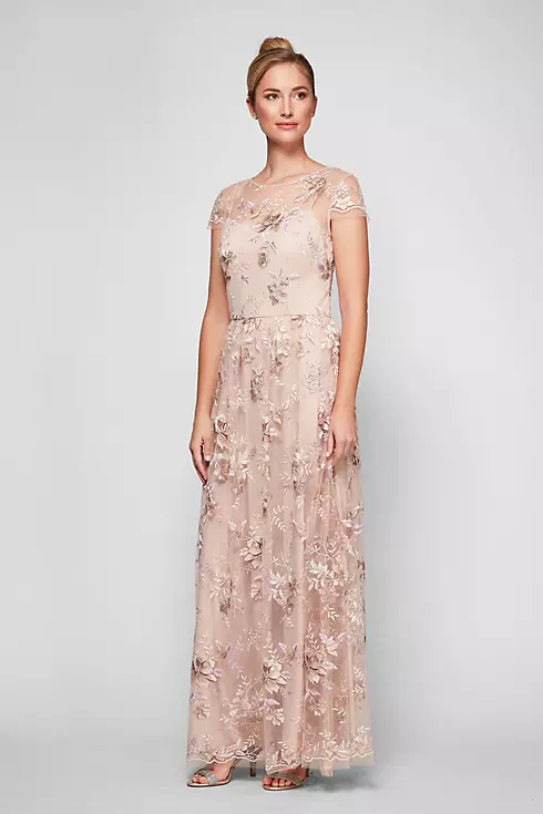 Embroidered Mesh Soft Sheath Gown with Cap Sleeves Image 1
