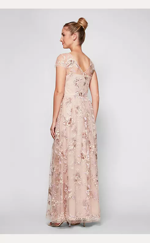 Embroidered Mesh Soft Sheath Gown with Cap Sleeves Image 2