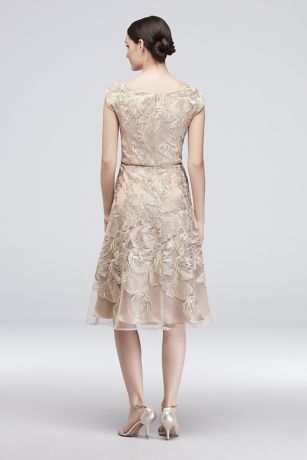 Floral Embroidered Short Cap Sleeve A-Line Dress | David's Bridal