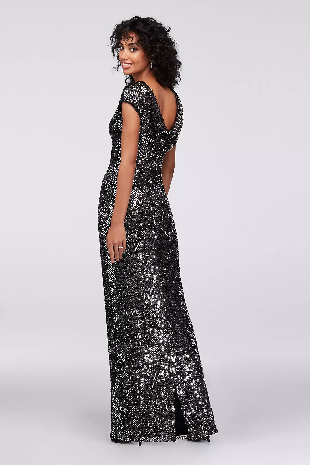 Cap Sleeve Sequin Gown with Draped Back Image 2