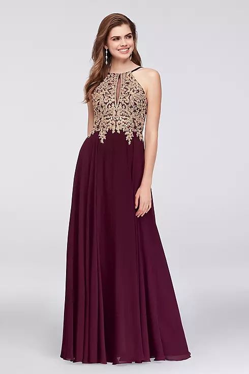 Metallic Corded Lace and Chiffon A-Line Gown Image 1
