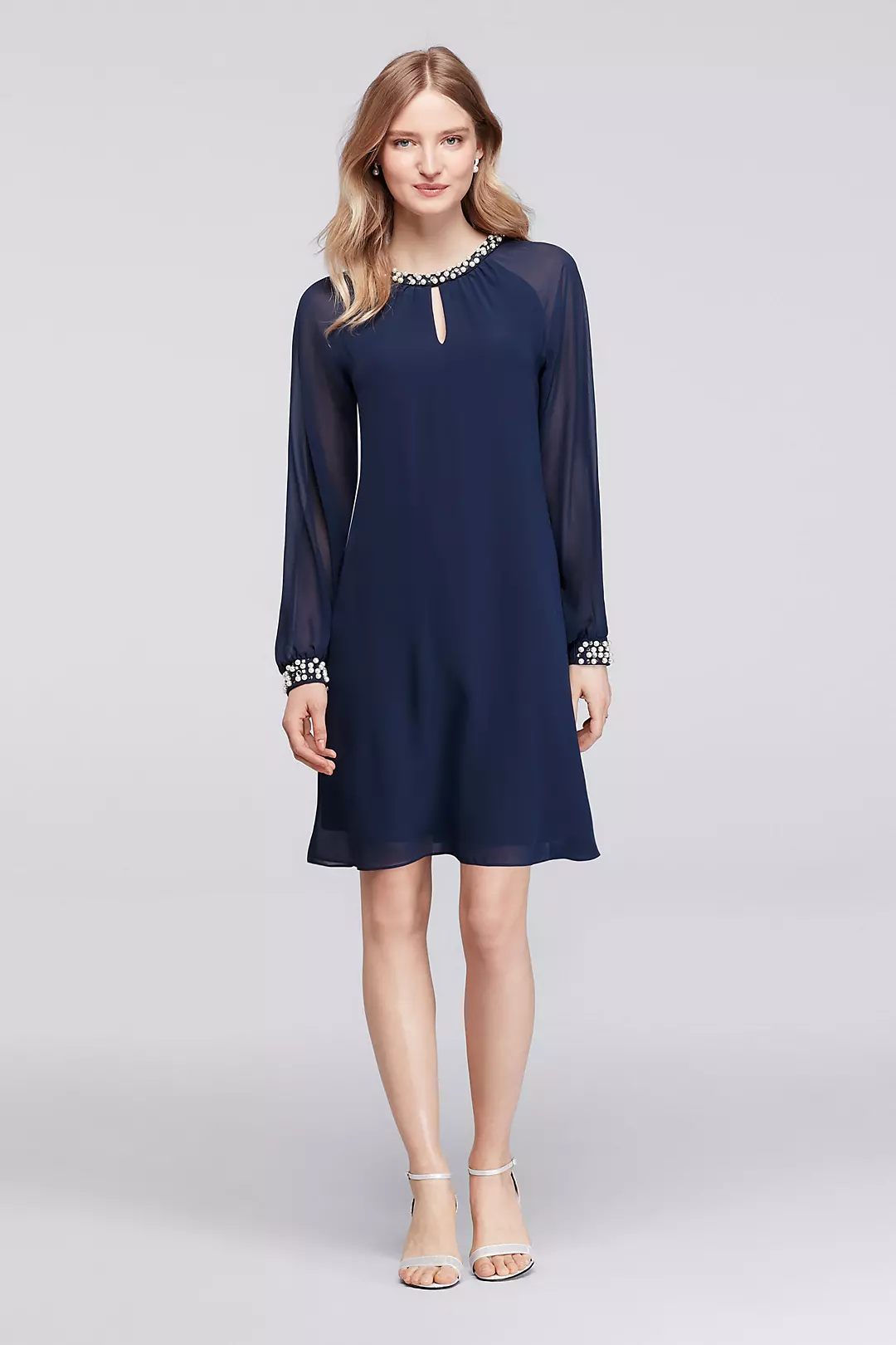 Knee Length Dress with Pearls at Neck and Cuffs Image