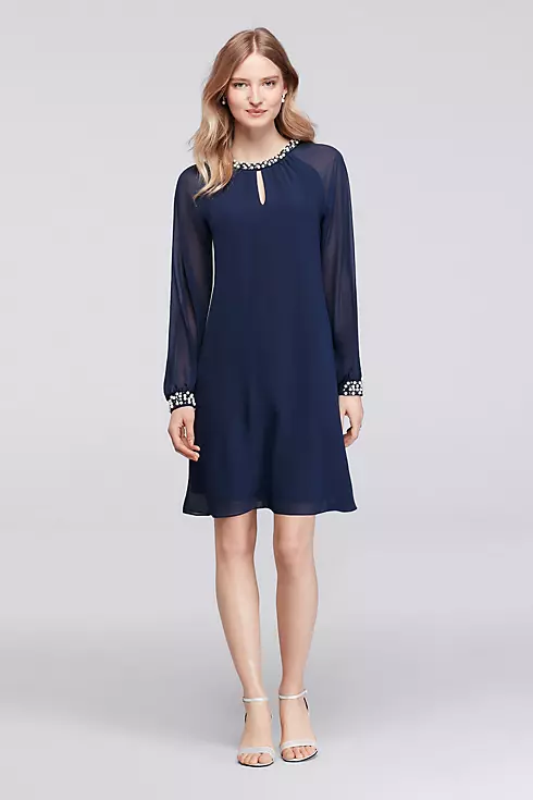 Knee Length Dress with Pearls at Neck and Cuffs Image 1