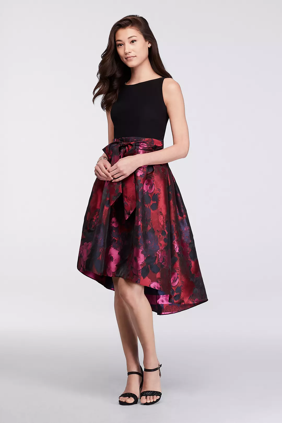 Sleeveless Dress with Floral High-Low Skirt Image