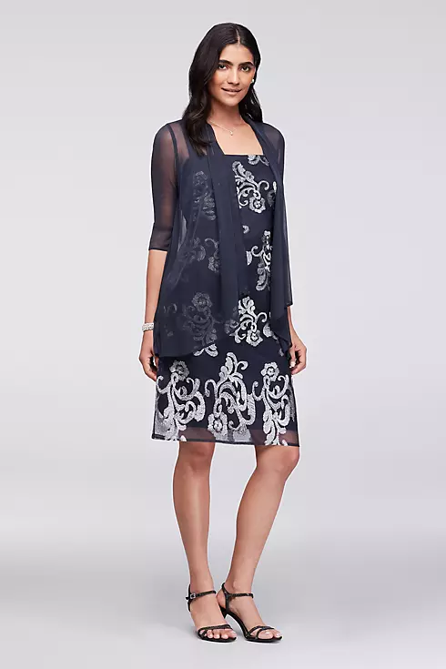 Metallic-Embroidered Shift Dress with Sheer Jacket Image 1