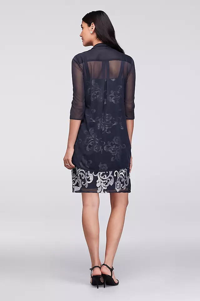Metallic-Embroidered Shift Dress with Sheer Jacket Image 2