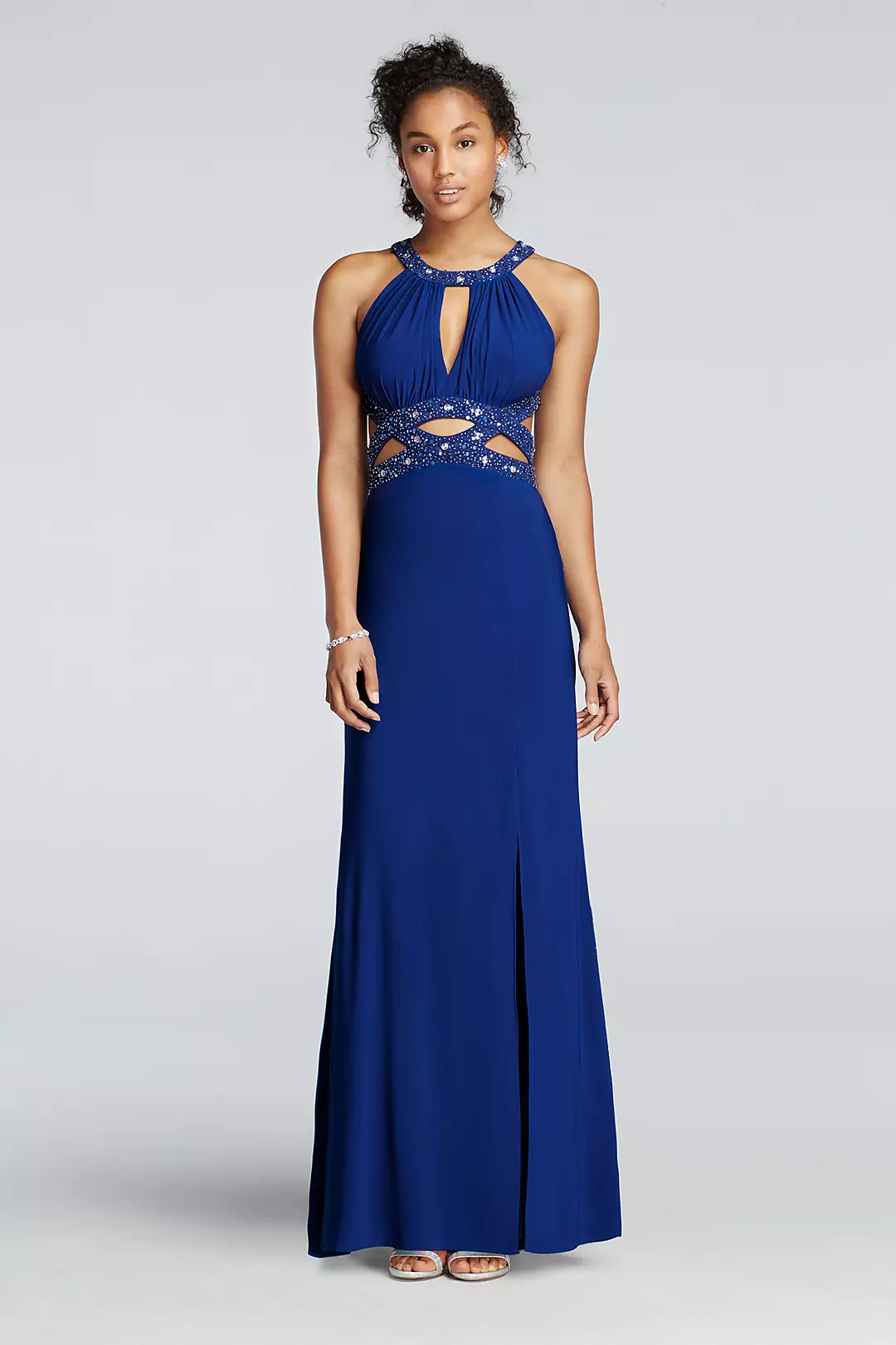 Round Halter Jersey Prom Dress with Cut Out Detail Image