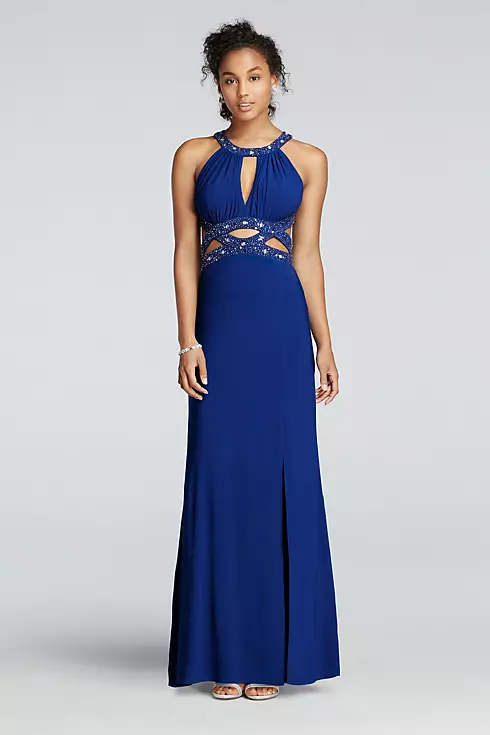 Round Halter Jersey Prom Dress with Cut Out Detail Image 1