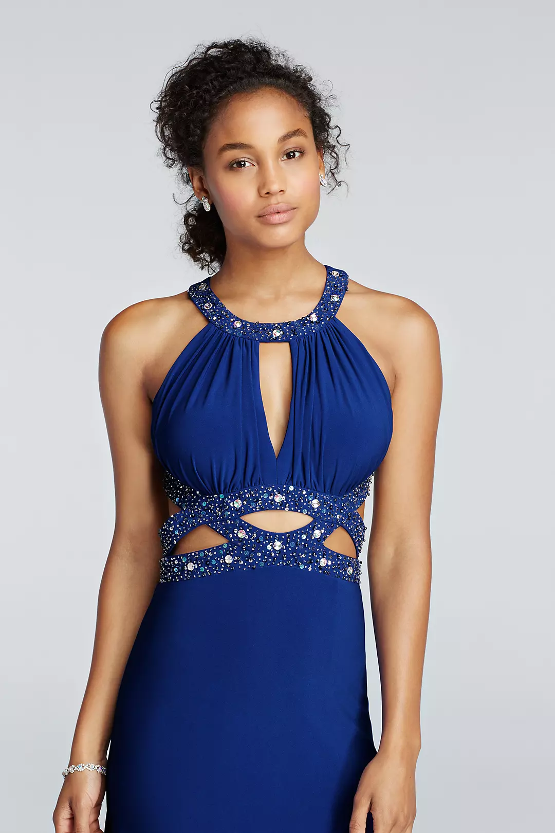 Round Halter Jersey Prom Dress with Cut Out Detail Image 3