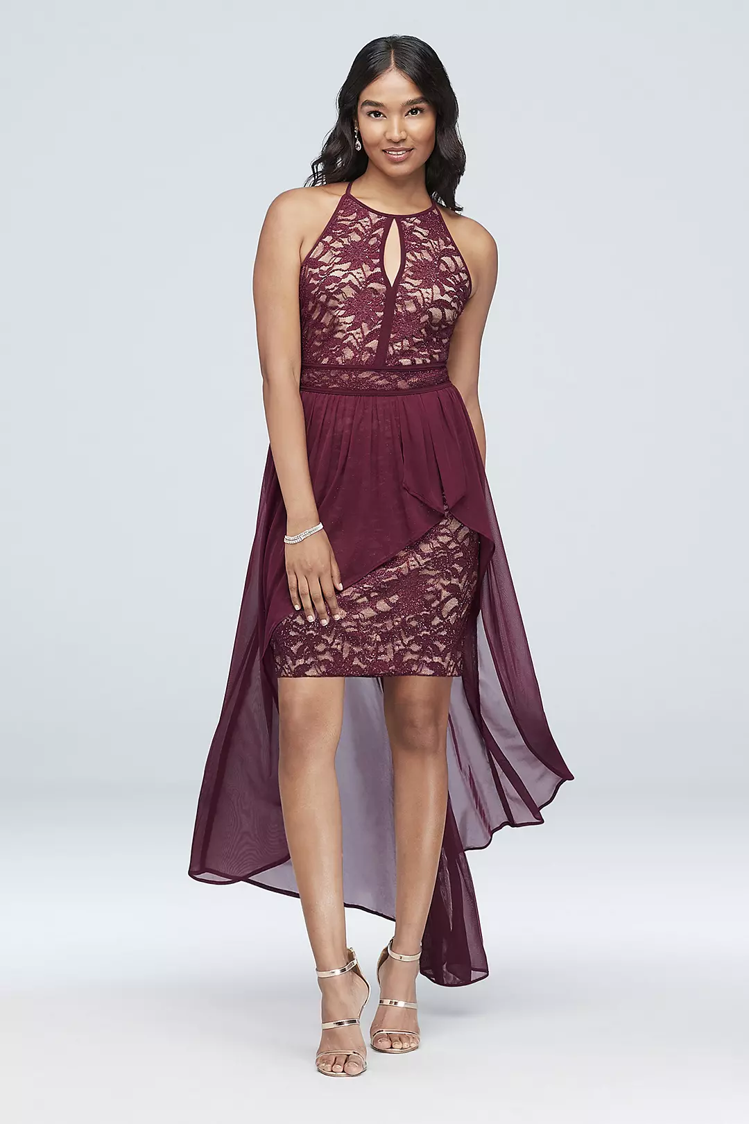 Glitter Lace Keyhole Halter Dress with Overskirt Image