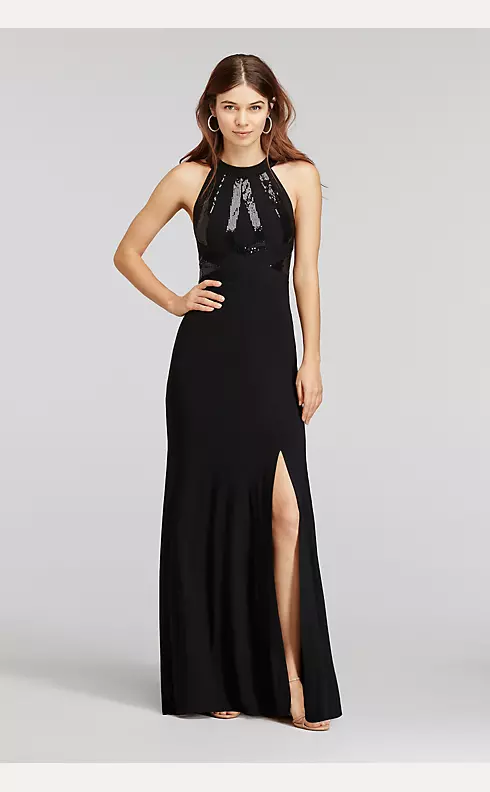 Sequin Halter Jersey Dress with and Open Back Image 1