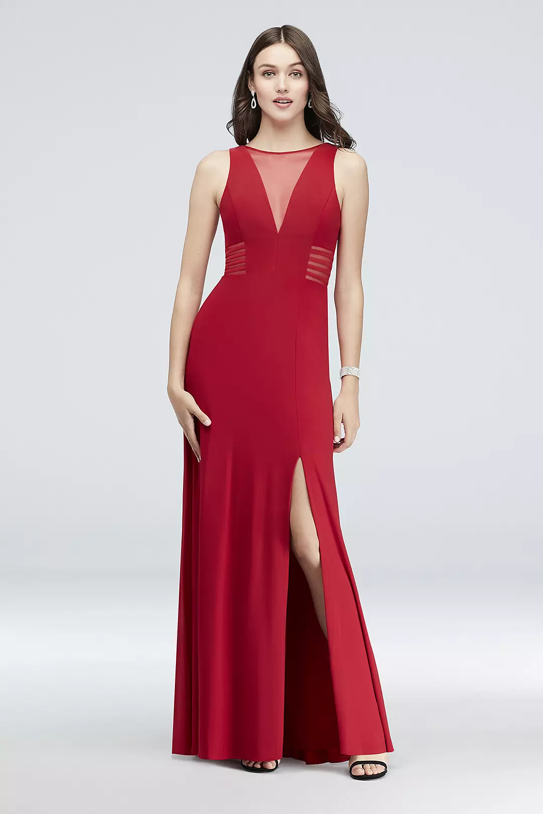 Illusion-Inset V-Neck Jersey Sheath Gown Image
