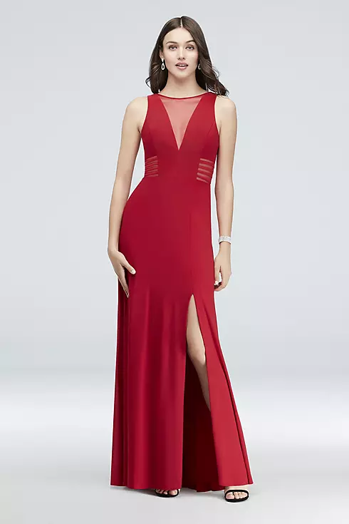 Illusion-Inset V-Neck Jersey Sheath Gown Image 1