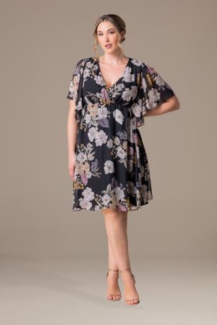white christmas dresses Plus Size Flutter Sleeve Metallic Floral Gown In Navy Pink Multi main image 1