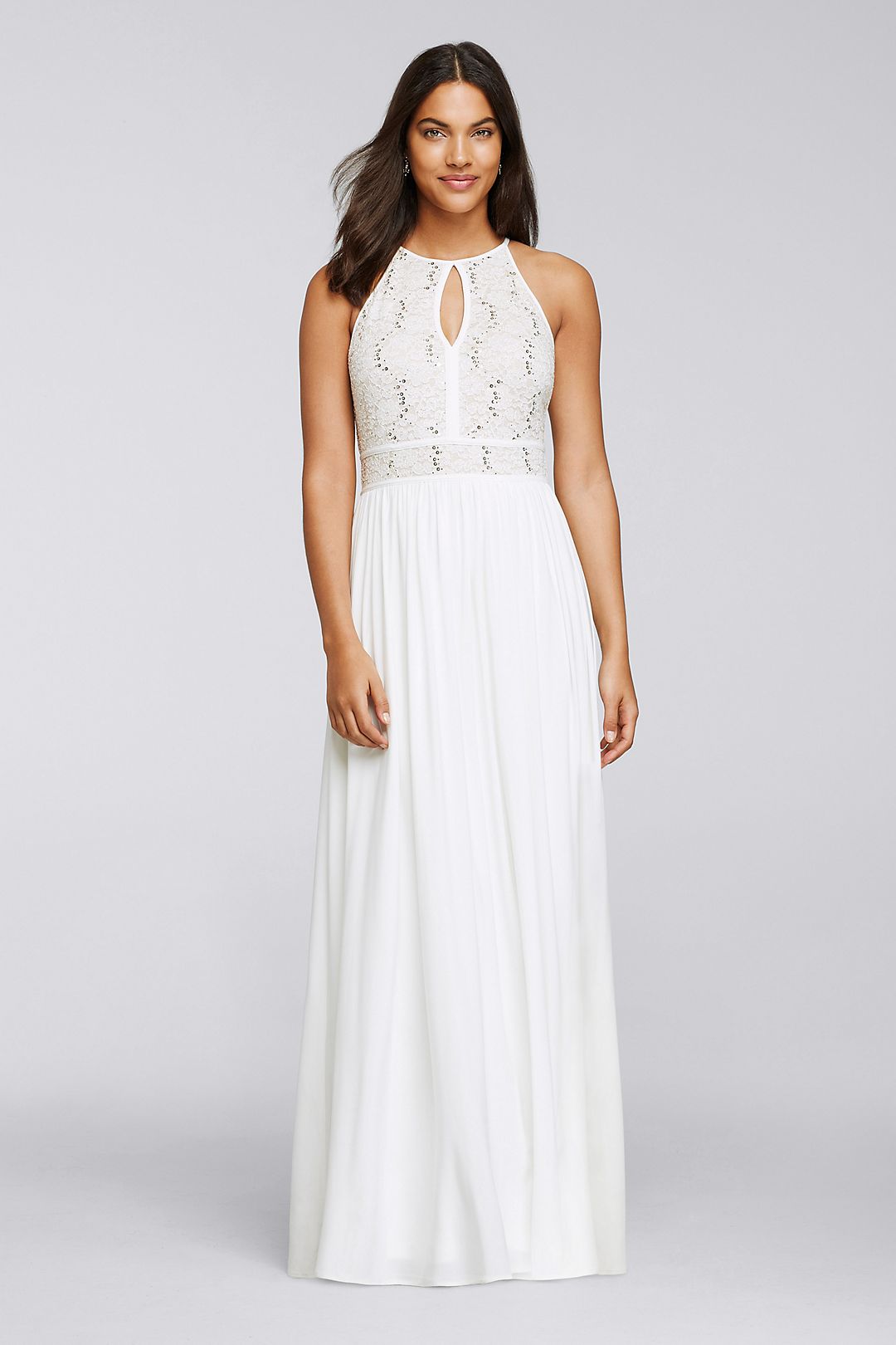 Long Halter Dress with Glitter Lace Bodice Image 1