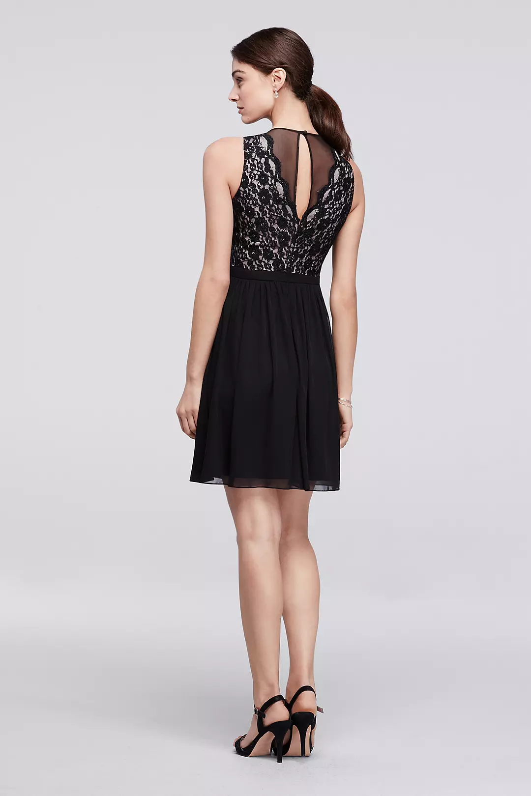 Sleeveless Short Dress with Illusion Lace Neckline Image 2