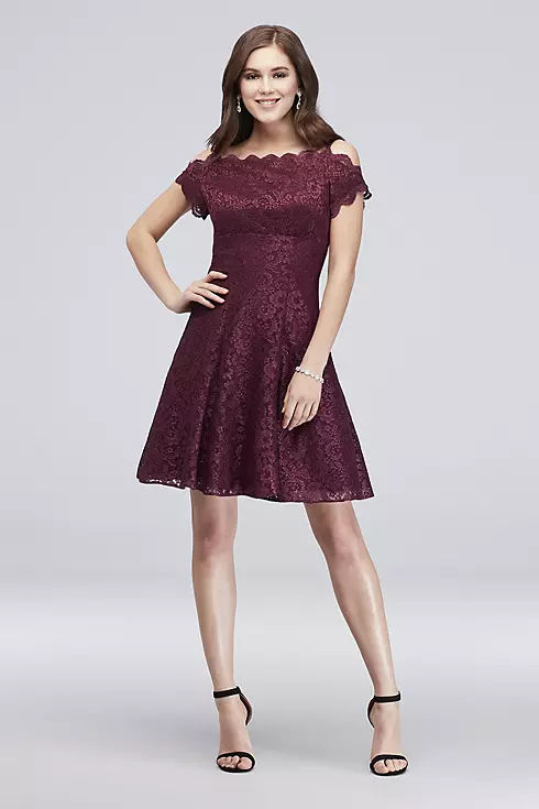 Scalloped Short Off-the-Shoulder Lace A-Line Dress Image 1
