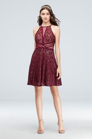 R & M Richards Sleeveless Halter Neck Glitter Lace Long Fit and Flare Dress  | Dillard's