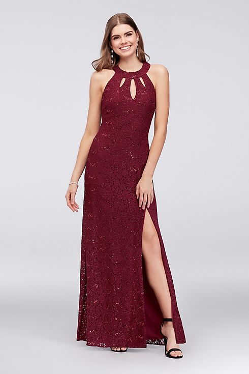 Sequin Lace Halter Sheath Gown with Triple Keyhole Image 1
