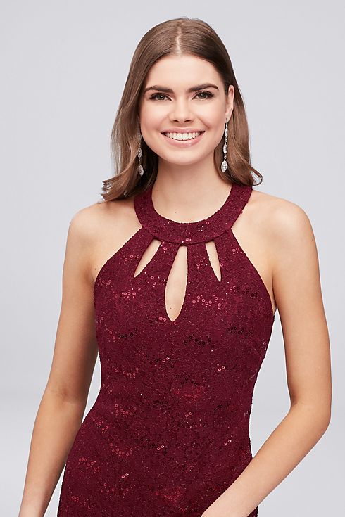 Sequin Lace Halter Sheath Gown with Triple Keyhole Image 3