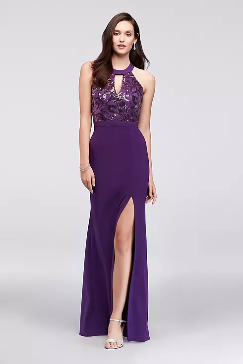 Sequined Jersey Open Back Halter Gown  Image 1