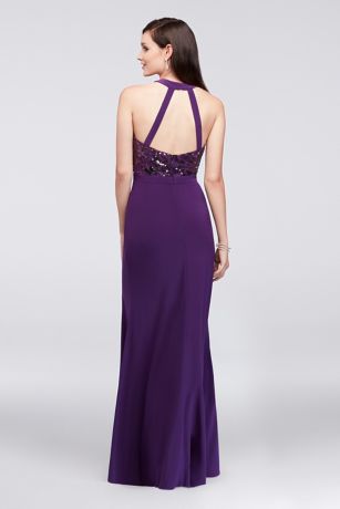 Sequined Jersey Open Back Halter Gown | David's Bridal