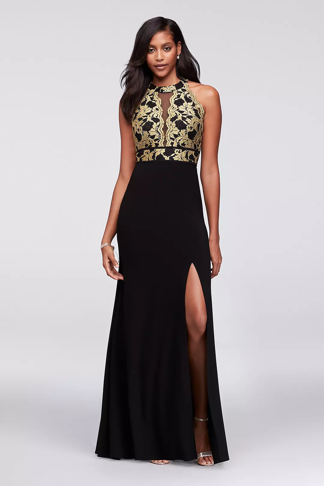 A-Line Glitter Lace and Jersey High-Neck Gown Image