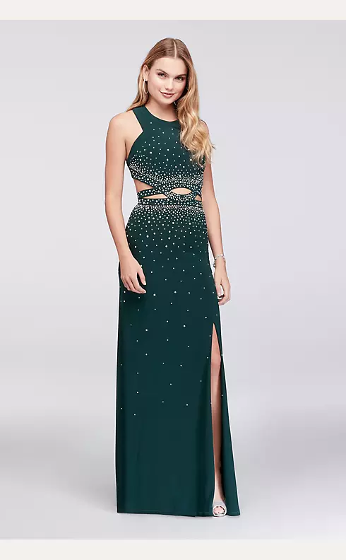 Jeweled Jersey Halter Gown with Cutout Waistline Image 1