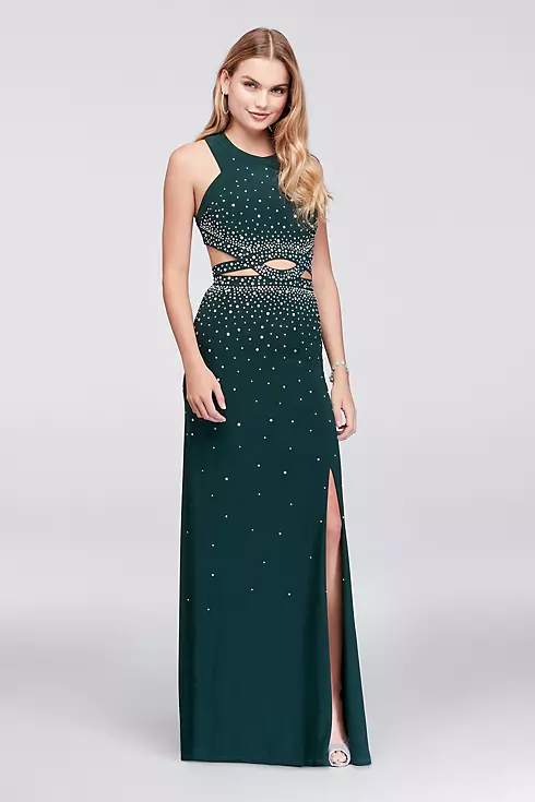 Jeweled Jersey Halter Gown with Cutout Waistline Image 1