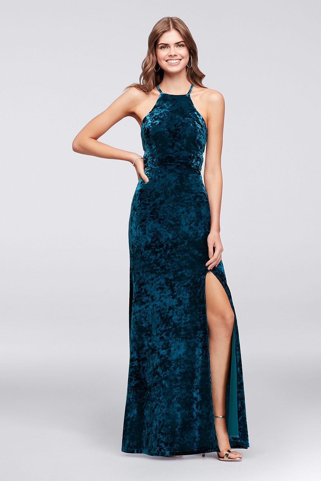 Crushed Velvet Lace-Up Halter Gown Image 1