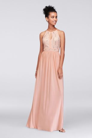 morgan and co embroidered mesh evening dress
