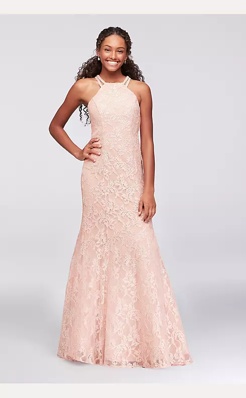 Strappy Back High-Neck Glitter Lace Mermaid Gown  Image 1