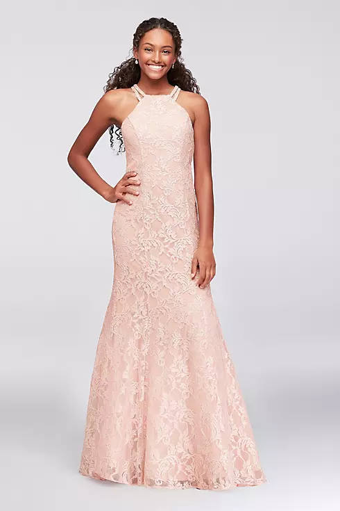 Strappy Back High-Neck Glitter Lace Mermaid Gown  Image 1