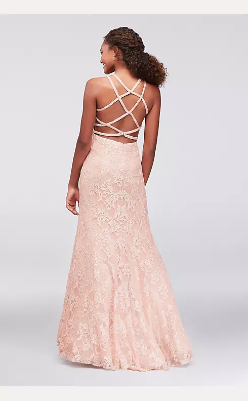 Strappy Back High-Neck Glitter Lace Mermaid Gown  Image 2