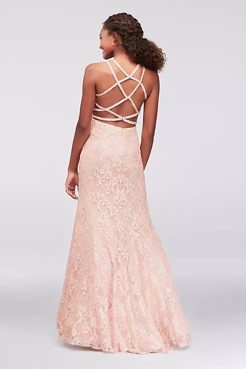 Strappy Back High-Neck Glitter Lace Mermaid Gown  Image 2