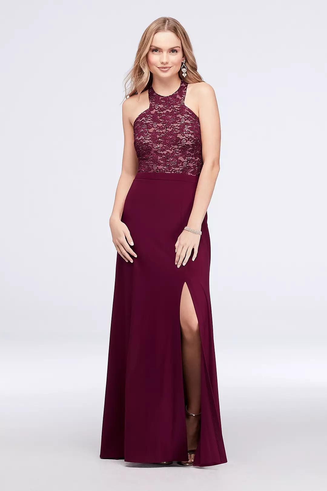 Strappy Sequin Lace and Jersey Halter Gown Image