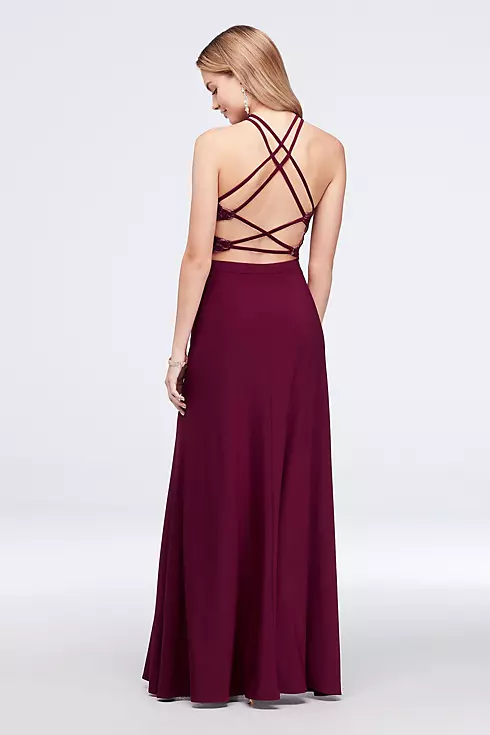 Strappy Sequin Lace and Jersey Halter Gown Image 2