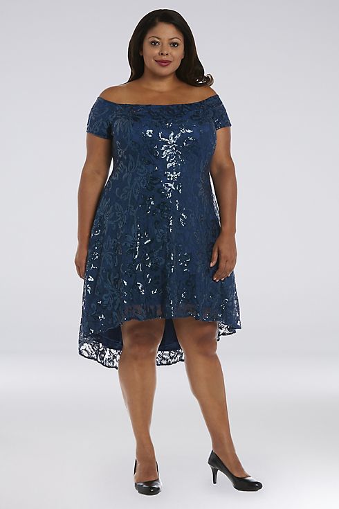 Short Sequin Lace Off-the-Shoulder Plus Size Dress Image