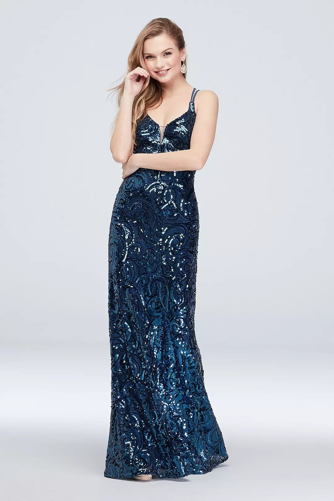 Allover Sequin Gown with Strappy Back and Deep V Image