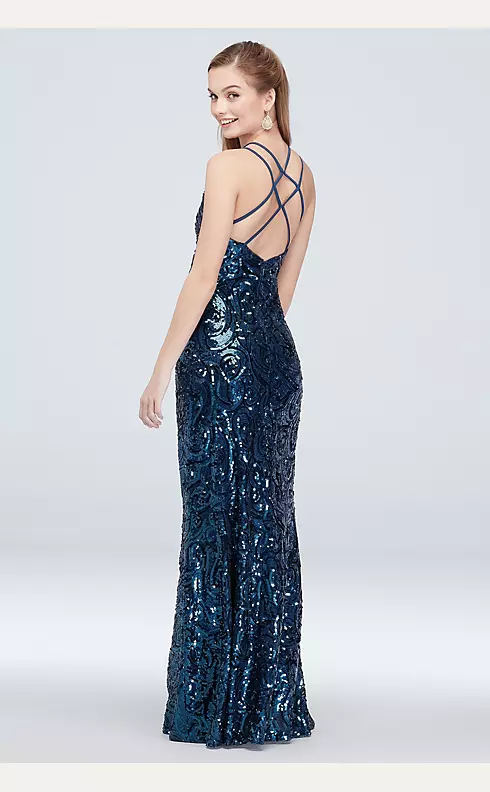 Allover Sequin Gown with Strappy Back and Deep V Image 2