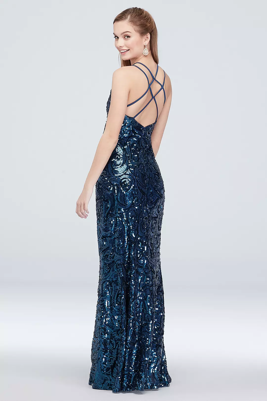 Allover Sequin Gown with Strappy Back and Deep V Image 2
