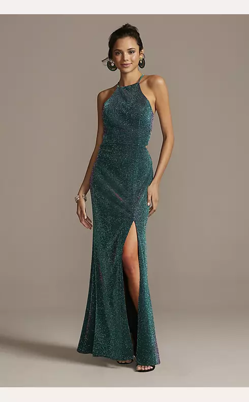 Glittery High Neck Mermaid Gown with Lace-Up Back Image 1