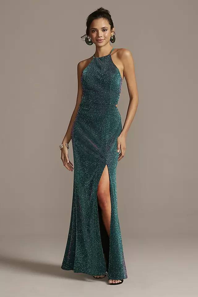 Glittery High Neck Mermaid Gown with Lace-Up Back Image