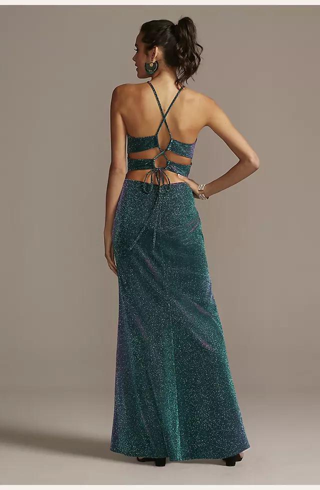 Glittery High Neck Mermaid Gown with Lace-Up Back Image 2
