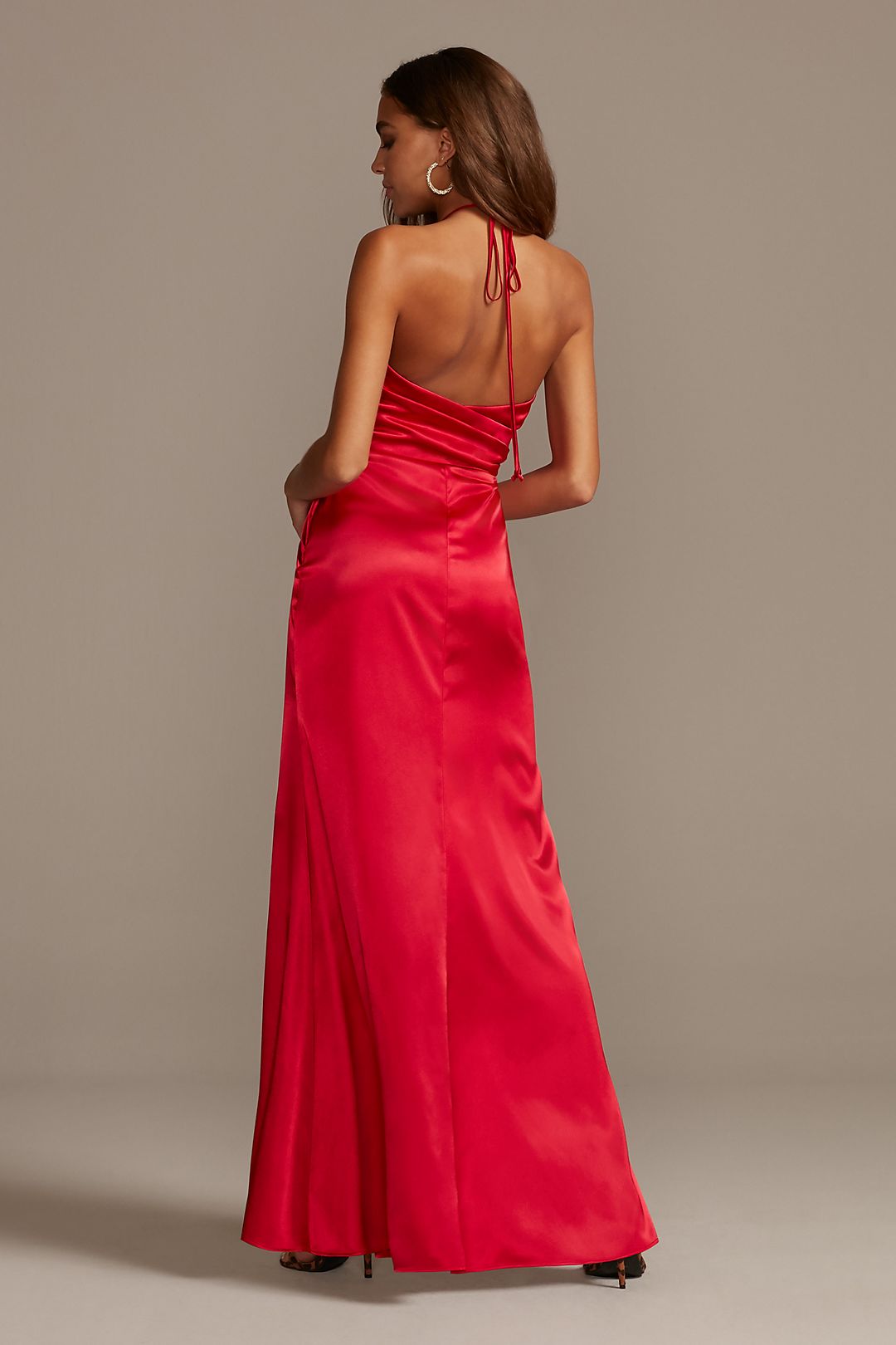 Wrap Halter Long Satin Dress with Skirt Slit | David's Bridal