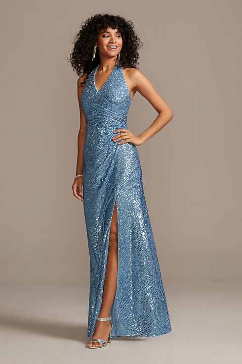 Sequin Halter Dress with Side Ruching and Slit Image