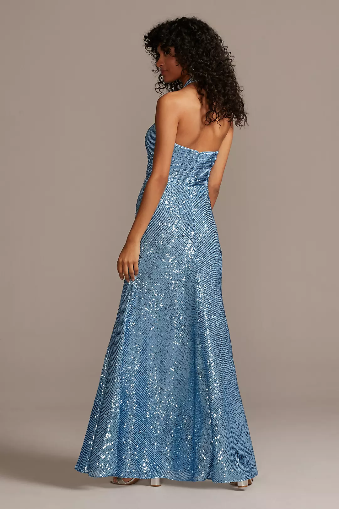 Sequin Halter Dress with Side Ruching and Slit Image 2