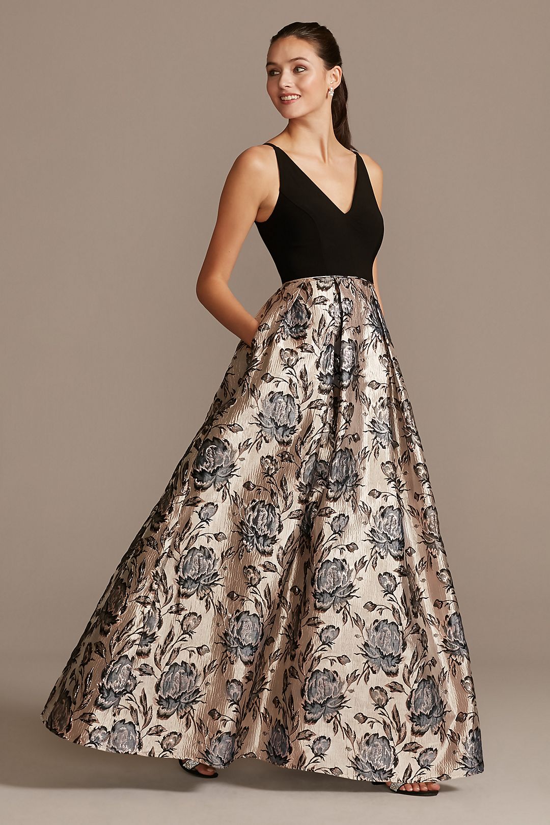 V-Neck Ball Gown with Floral Jacquard Skirt Image